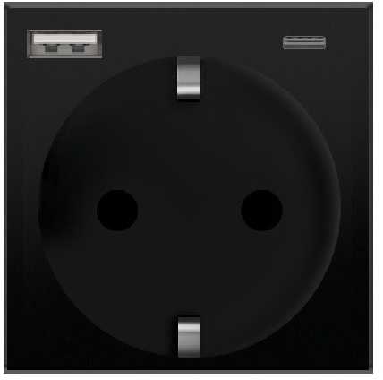 Kištukinis lizdas su įžeminimu, su USB / type C, juodas, be rėmelio