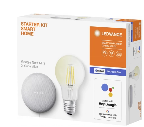 Komplektas- išmanusis garsiakalbis GOOGLE NEST + 6W SMART LED lemputė, E27