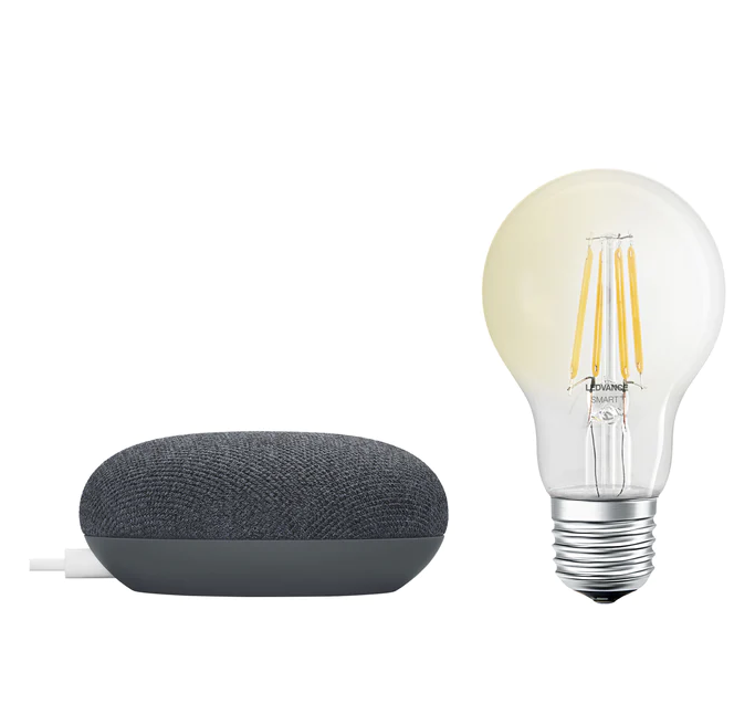 Komplektas- išmanusis garsiakalbis GOOGLE NEST + 6W SMART LED lemputė, E27