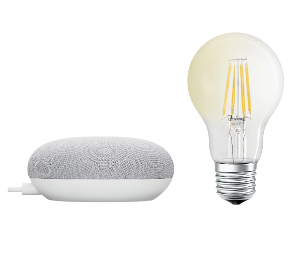 Komplektas- išmanusis garsiakalbis GOOGLE NEST + 6W SMART LED lemputė, E27
