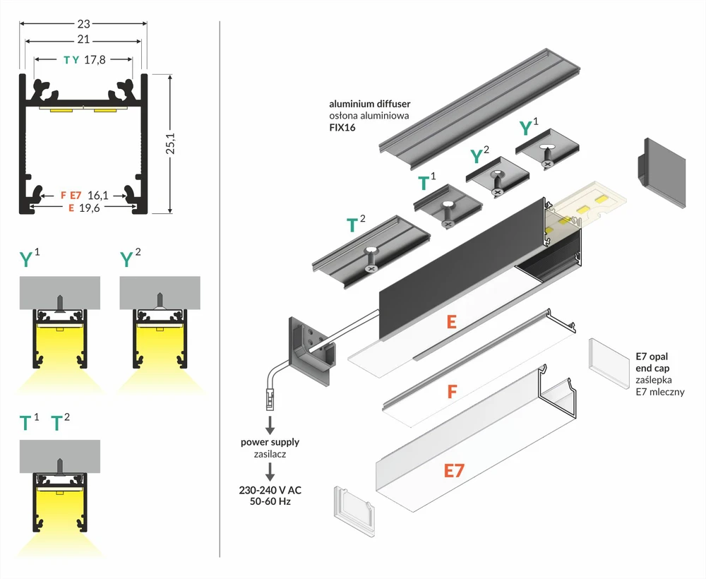 Komplektas - LED profilis LINEA20, baltas, 2m, su dangteliu F CLICK, užbaigimais ir montavimo elementais