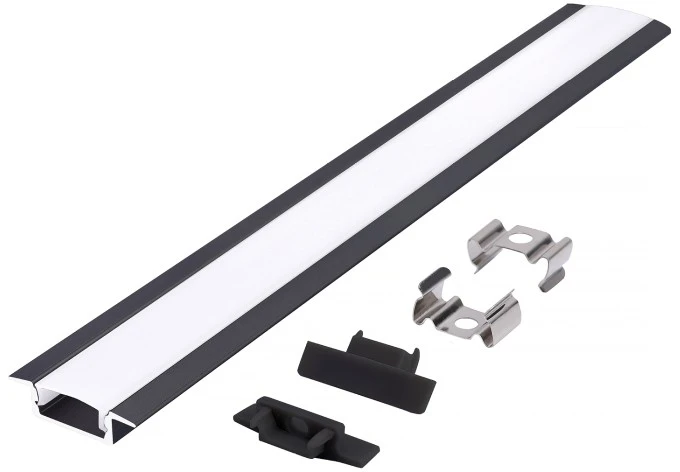 LED įleidžiamas profilis P02, juodas, 2m, su dangteliu ir užbaigimais