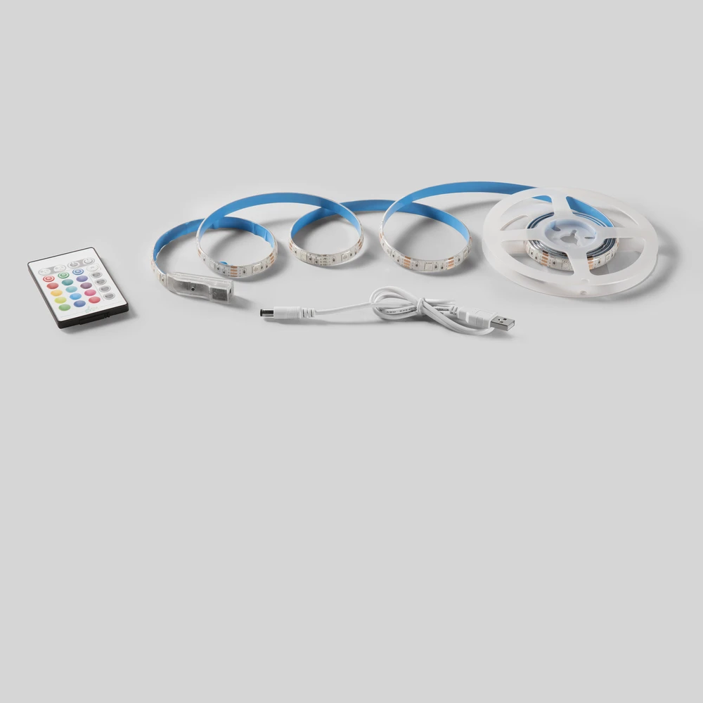 LED juostos komplektas, RGB, IP65, 2m, su USB jungtimi ir nuotolinio valdymo pultu