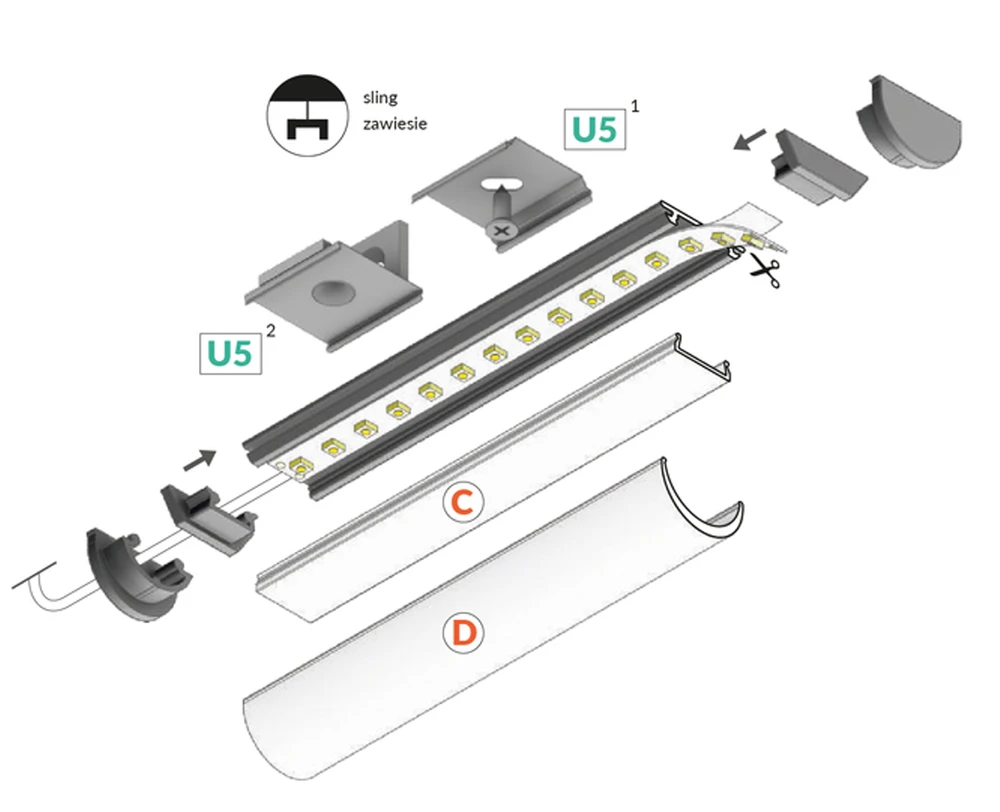 LED juostos profilis ARC12, anoduoto aliuminio sp., 2m, su dangteliu, užbaigimais ir tvirtinimo elementais