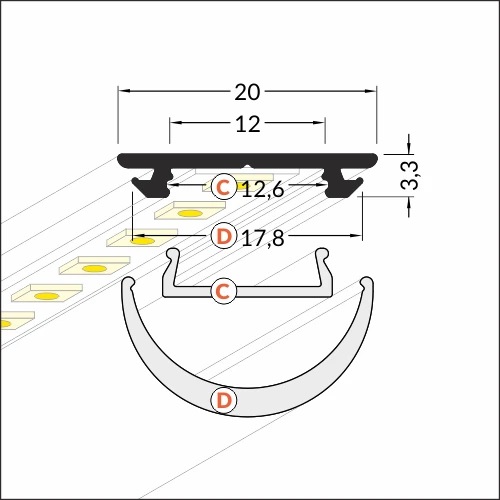 LED juostos profilis ARC12 CD/U5, anoduotas aliuminis, 2m