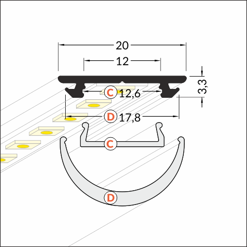 LED juostos profilis ARC12 CD/U5, juodas, 2m