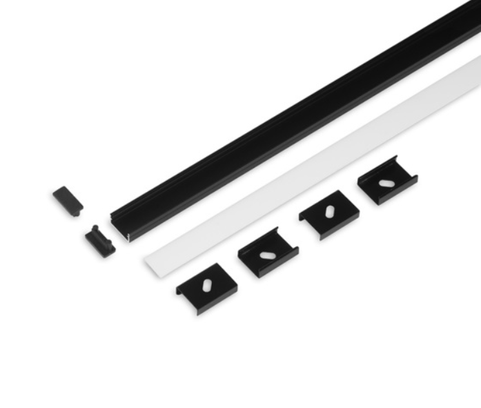 LED juostos profilis BEGTON12, juodas, 2m, su 4 vnt tvirtinimo el., 2 vnt užbaigimo el., baltu dangteliu