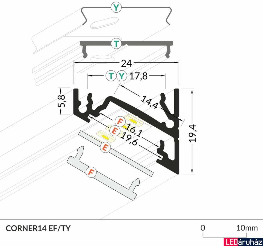 LED juostos profilis CORNER14 EF/TY, anoduotas aliuminis, 2m