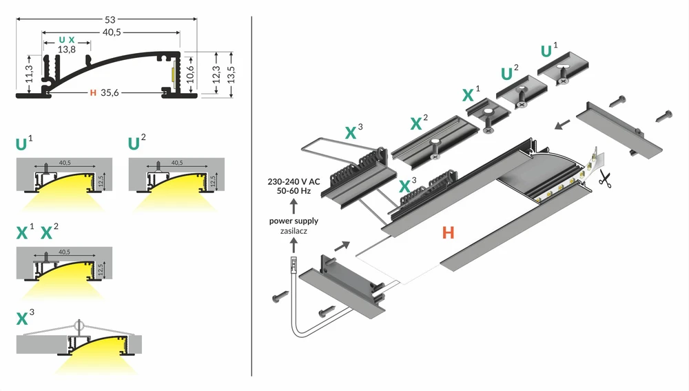 LED juostos profilis FLAT8 H/UX, baltas, 2m