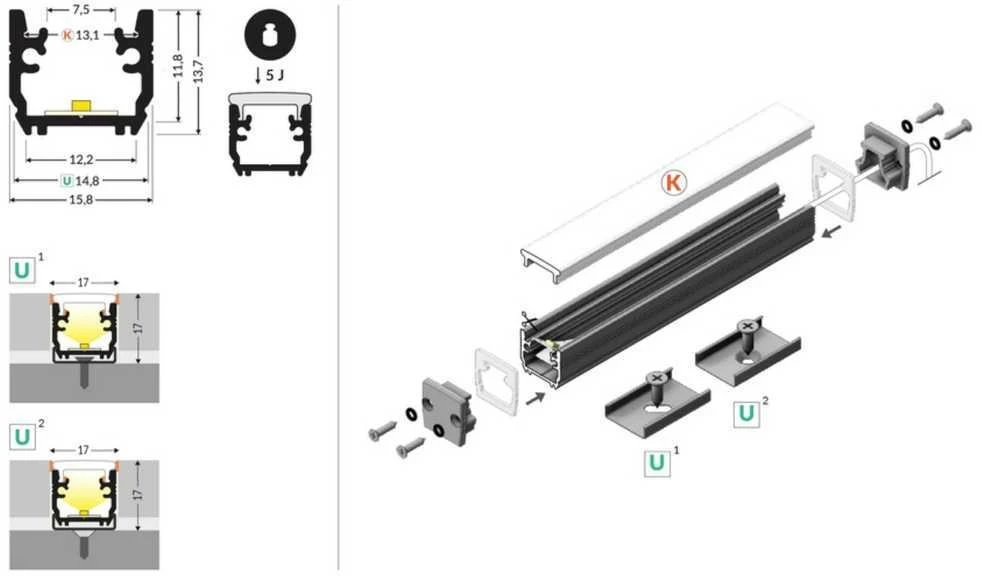 LED juostos profilis FLOOR12 K/U, anoduotas aliuminis, 2m