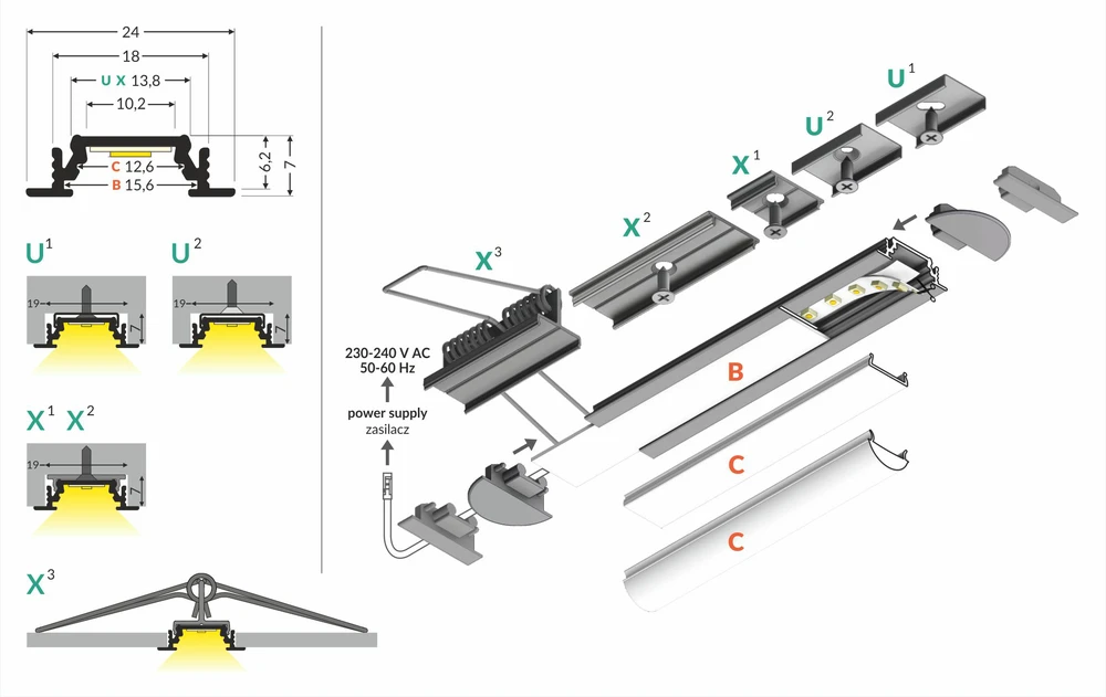 LED juostos profilis GROOVE10 BC/UX, anoduotas aliuminis, 2m
