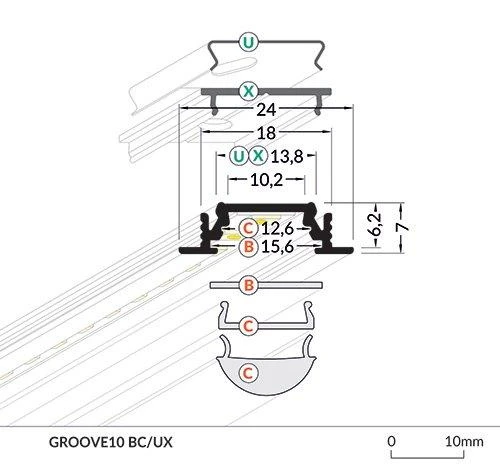 LED juostos profilis GROOVE10 BC/UX, anoduotas aliuminis, 2m