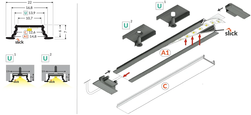 LED juostos profilis GROOVE10.V2 A1C/U, baltas, 2m