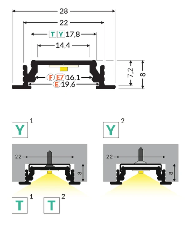LED juostos profilis GROOVE14 EF/TY, anoduotas aliuminis, 2m