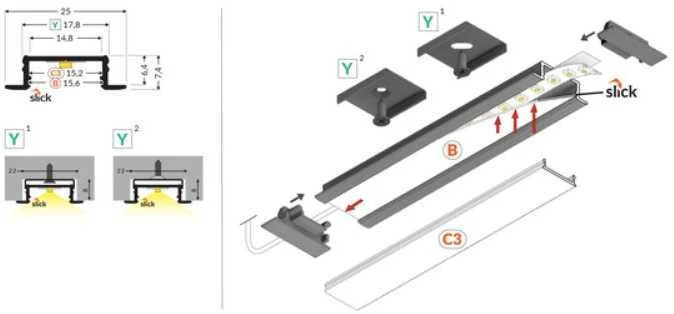 LED juostos profilis GROOVE14.V2 BC3/Y, anoduoto aliuminio, 2m