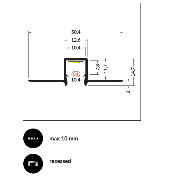LED juostos profilis HIDE10 C4, neanoduotas aliuminis, 2m