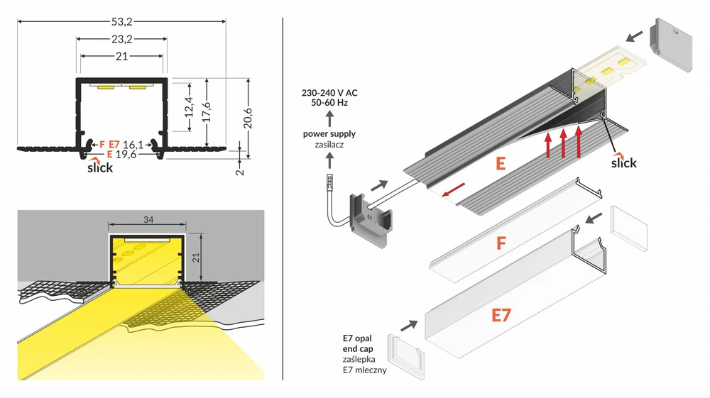 LED juostos profilis LINEA-IN20 TRIMLESS, anoduotas aliuminis, 3m