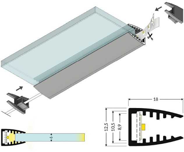 LED juostos profilis MIKRO10, anoduotas aliuminis, 4m, su plokštele LED juostos montavimui