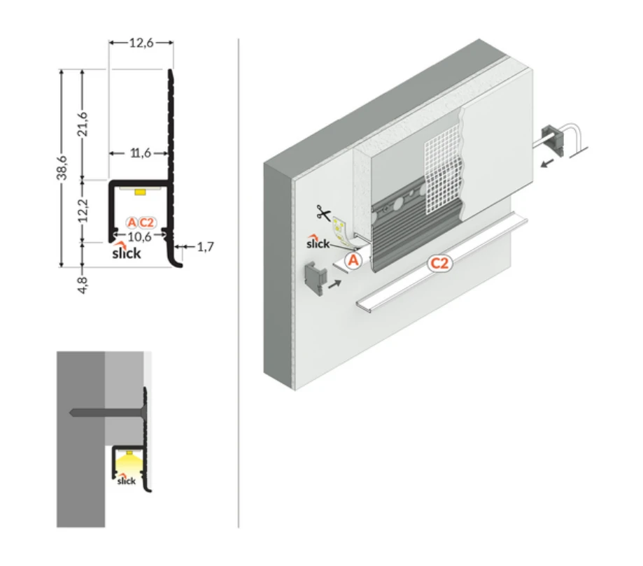 LED juostos profilis OMNI10 AC2, anoduotas aliuminis, 2m