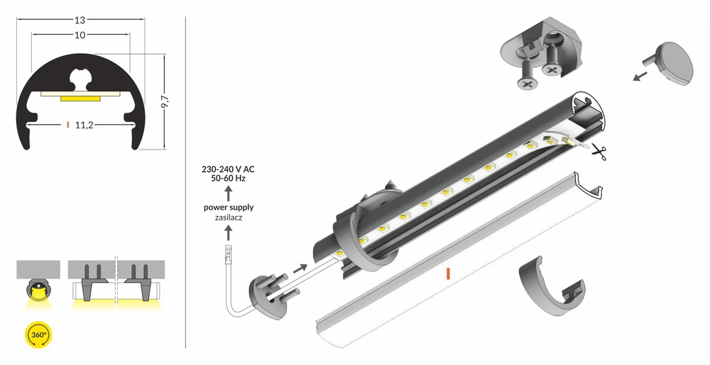LED juostos profilis PEN8 I, anoduotas aliuminis, 3m
