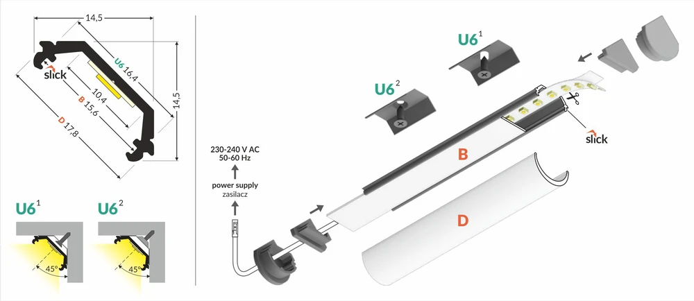 LED juostos profilis QUARTER10 BD/U6, anoduotas aliuminis, 2m