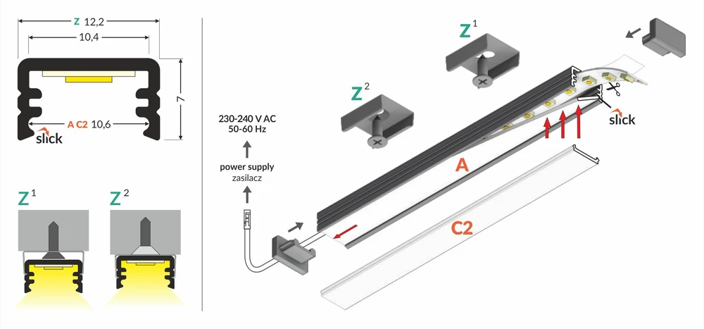 LED juostos profilis SLIM8 AC2/Z, juodas, 2m