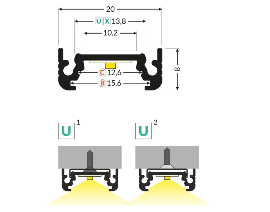 LED juostos profilis SURFACE10 BC/UX, anoduotas aliuminis, 2m