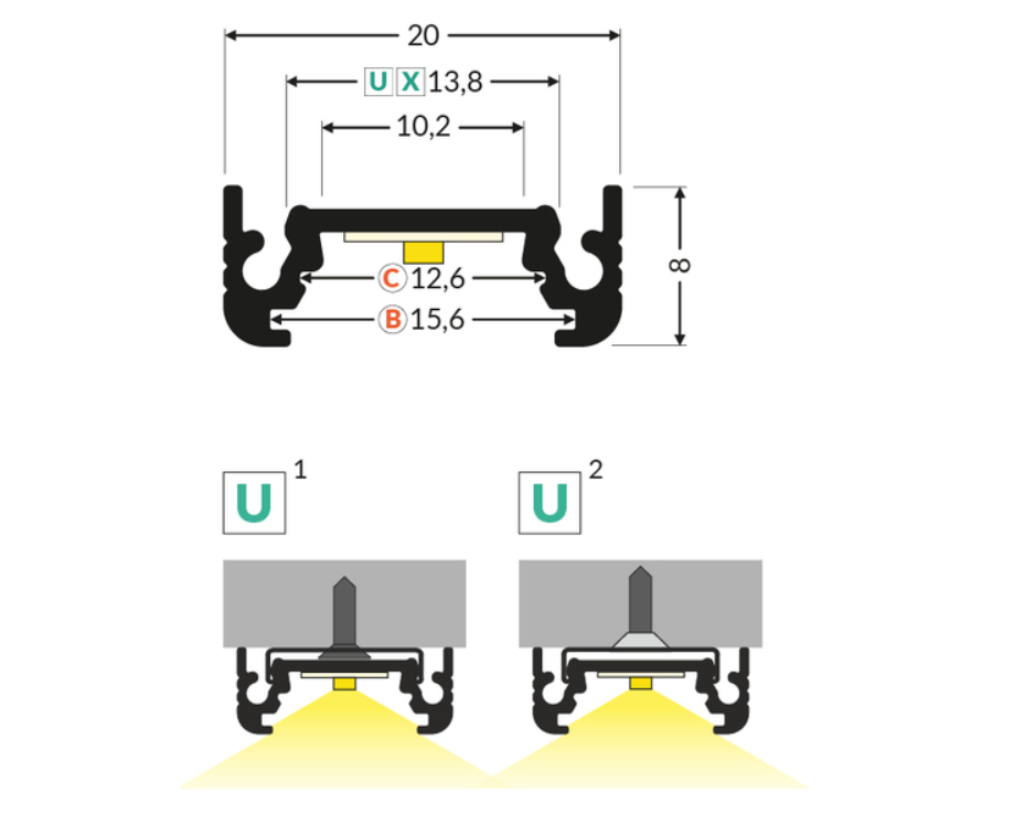 LED juostos profilis SURFACE10 BC/UX, neanoduotas aliuminis, 2m