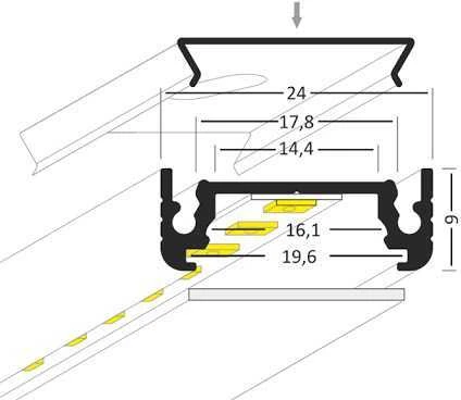 LED juostos profilis SURFACE14 EF/TY, anoduotas aliuminis, 2m