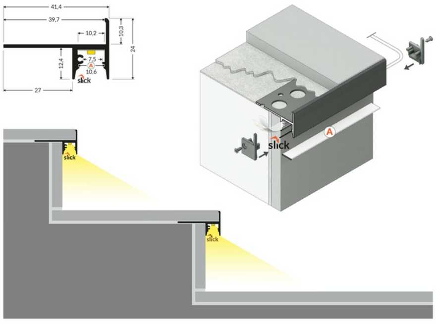 LED juostos profilis UP-TILE10 A, anoduotas aliuminis, 3m
