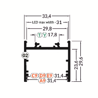 LED juostos profilis VARIO30-02 ACDE-9/TY, neanoduotas aliuminis, 2m