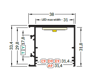 LED juostos profilis VARIO30-03 ACDE-9/TY, neanoduotas aliuminis, 2m