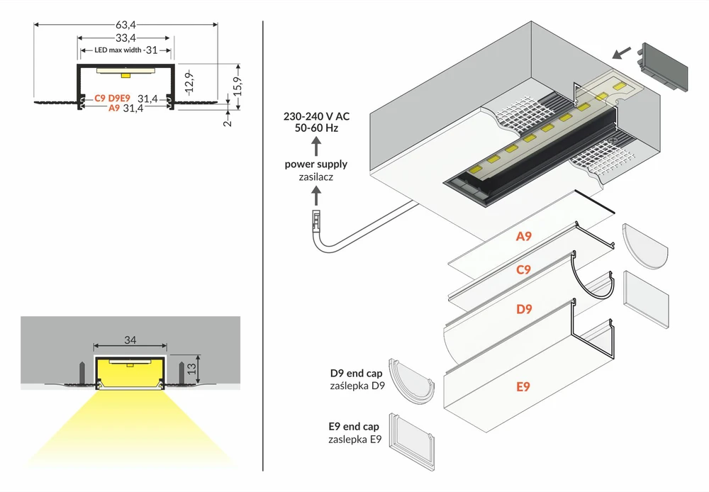 LED juostos profilis VARIO30-04 ACDE-9, baltas, 2m
