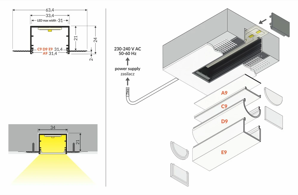 LED juostos profilis VARIO30-05 ACDE-9, baltas, 2m