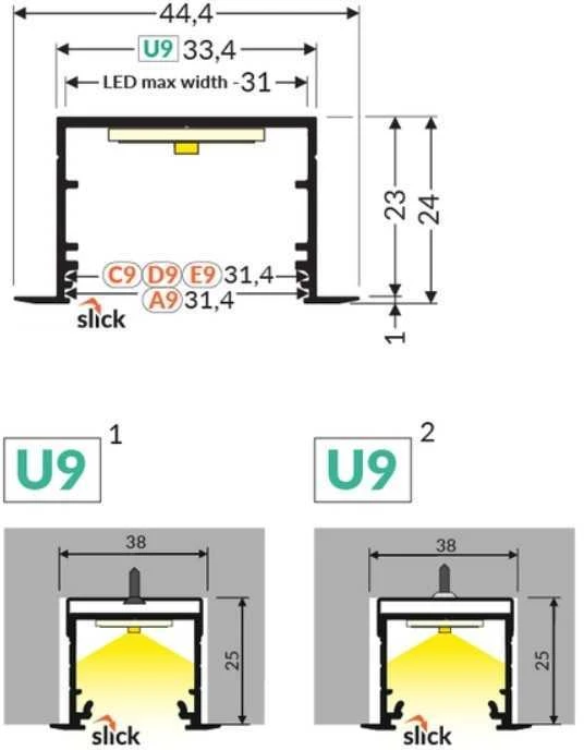 LED juostos profilis VARIO30-07 ACDE-9/U9, baltas, 2m