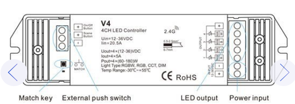 LED juostos valdiklis, 4 kanalų, RGB/RGBW, 4*5A