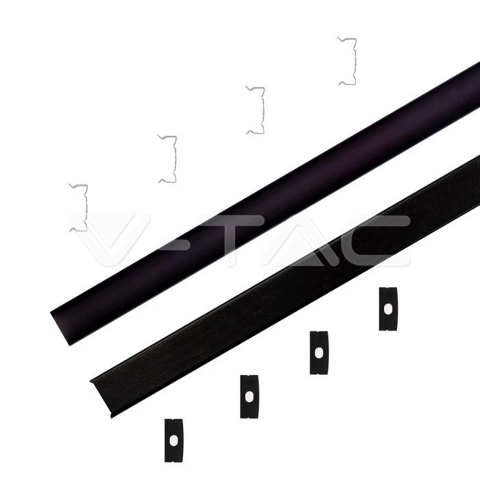 V-tac LED paviršinis profilis, juodas, 2m, su dangteliu ir montavimo priedais