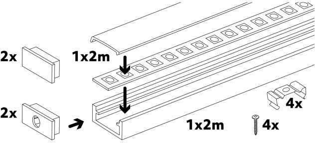 LED paviršinis profilis P01, anoduoto sidabro sp., 2m, su dangteliu ir užbaigimais