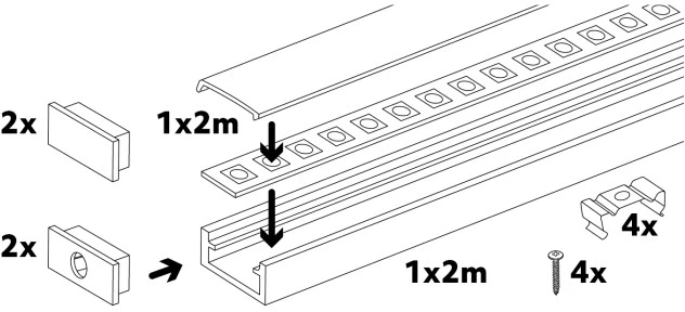 LED paviršinis profilis P01, juodas, 2m, su dangteliu ir užbaigimais