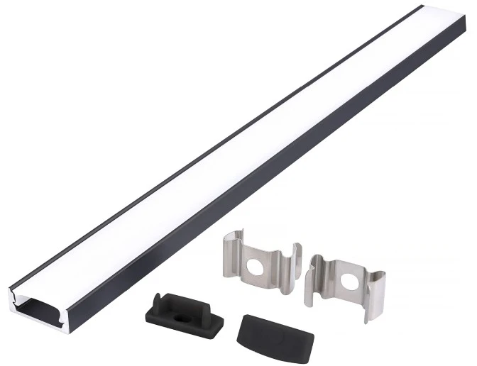 LED paviršinis profilis P01, juodas, 2m, su dangteliu ir užbaigimais