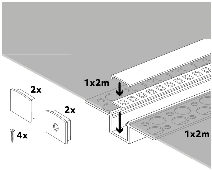 LED užglaistomas profilis KG01, anoduoto sidabro sp., 2m, su dangteliu ir užbaigimais