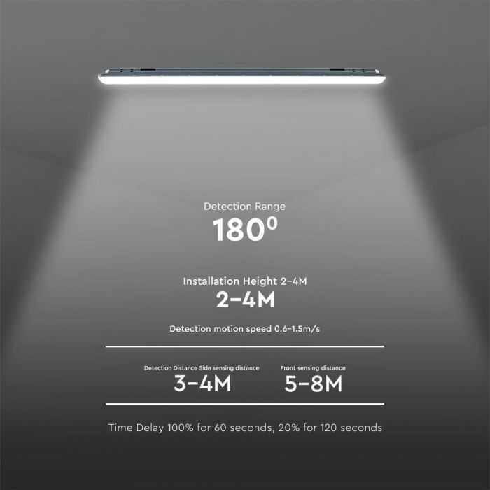 Lubinis šviestuvas V-tac 36W LED linijinis paviršinis šviestuvas X-SERIES, 120cm, 6500K, IP65, su judesio davikliu