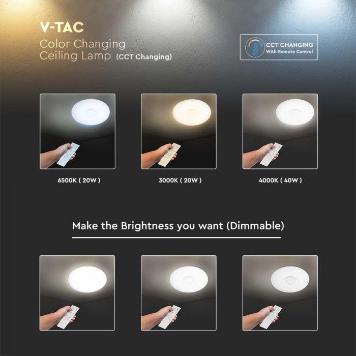 Lubinis šviestuvas V-tac 40W paviršinis šviestuvas, 3in1, dimeriuojamas pulteliu, baltas, su žvaigždėtu dangteliu