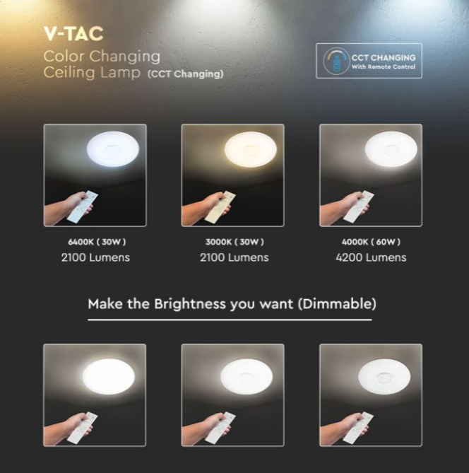 Lubinis šviestuvas V-tac 60W paviršinis šviestuvas, 3in1, dimeriuojamas pulteliu, baltas, su žvaigždėtu dangteliu