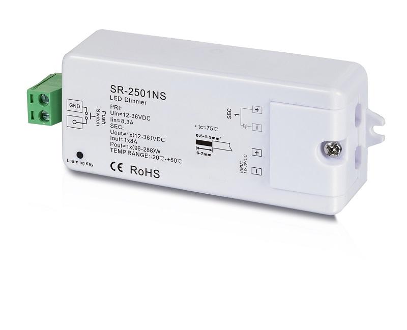 Max 192W vieno kanalo 12-36V 1x8A Easy RF imtuvas Sunricher SR-2501NS. Tinka su LED7539 arba LED6732 valdymo pultais.