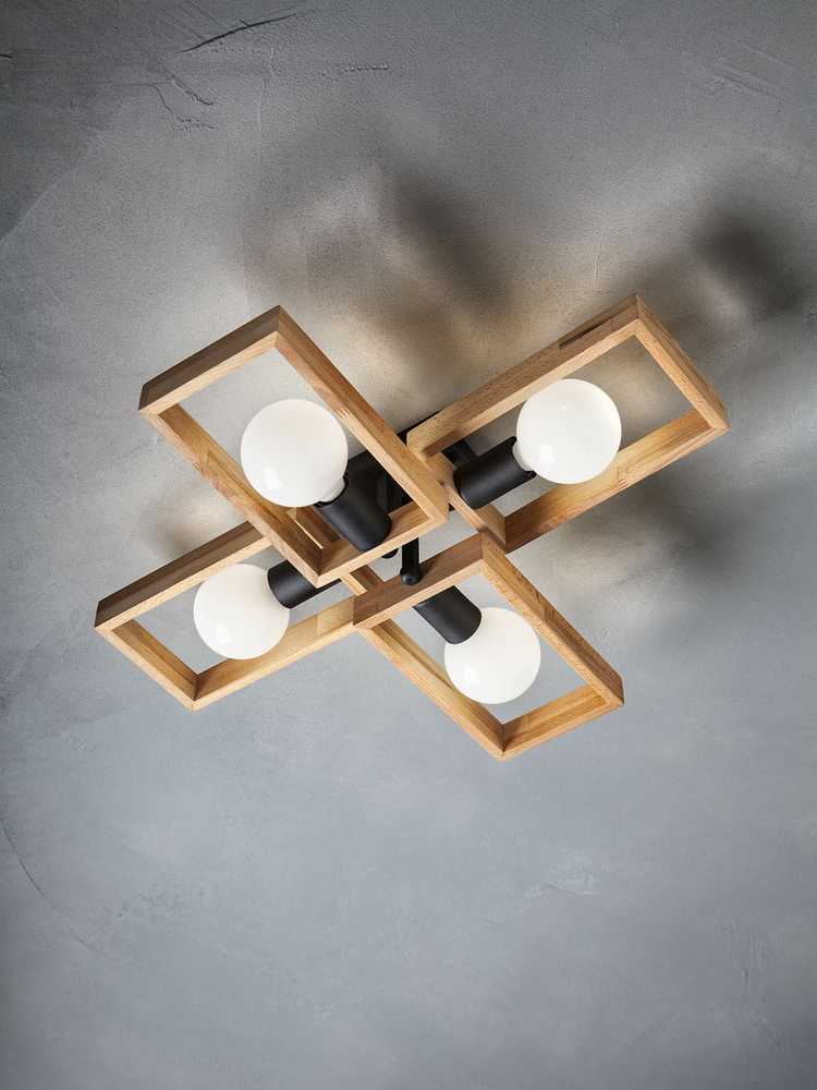 Paviršinis lubinis šviestuvas TIMBER, E27, juodos/medžio sp.
