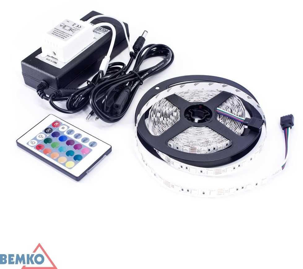 Rinkinys - 14,4W/m, 12V, IP20, RGB LED juosta, 5m ritė, su 12V maitinimo šaltiniu ir nuotolinio valdymo pulteliu