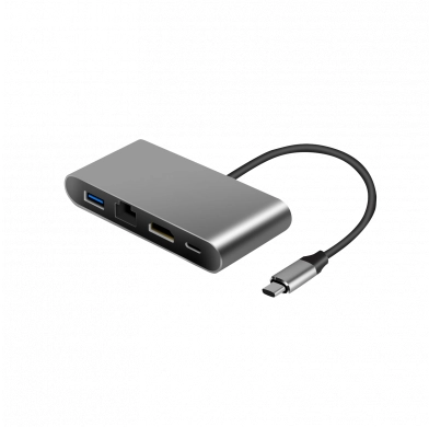 Šakotuvas (HUB) 4 IN 1, sidabro sp.,1xHDMI / 1xUSB / 1xLAN / 1xPD