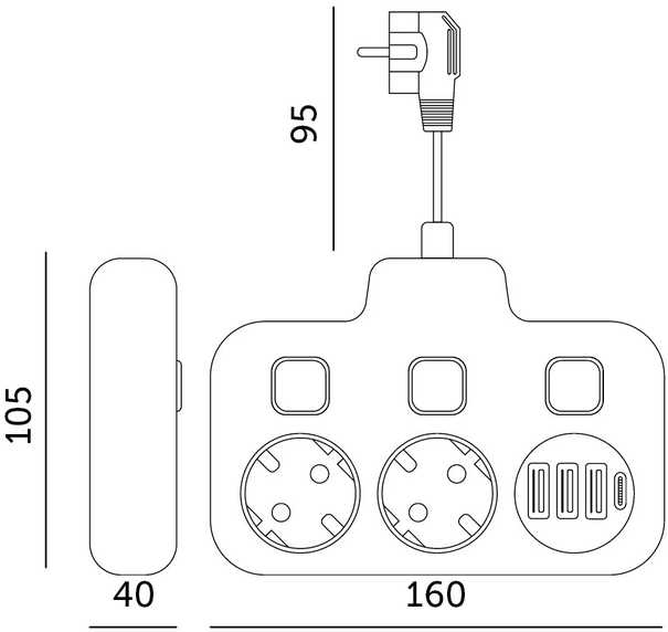 Šakotuvas LINEA FL, 2 kištukinių lizdų, 3xUSB-A, 1xUSB-C, su 3 jungikliais, baltas