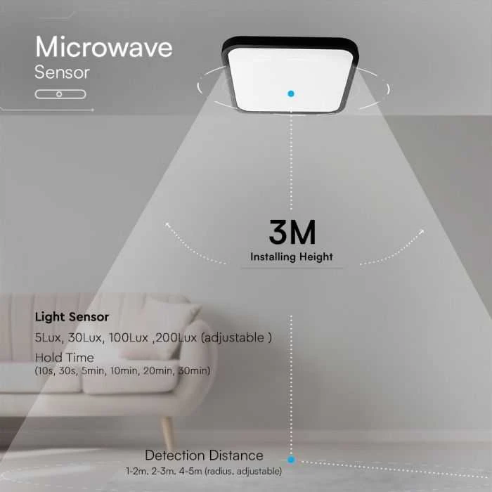 Sieninis šviestuvas 18W LED paviršinis šviestuvas, kvadratinis, juodas, 4000K, IP44, SAMSUNG LED chip, su judesio davikliu
